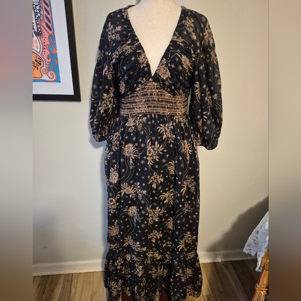 Free People Black Maxi Dress with Tan Floral Print